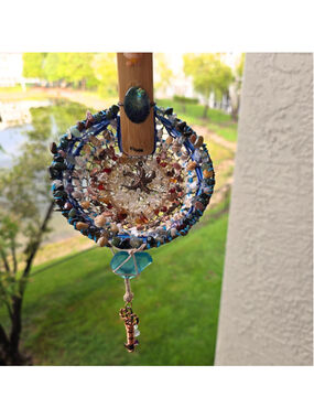 Handwoven Vintage Strainer Suncatcher – Abalone, Sea Glass, Crystals, Copper Key
